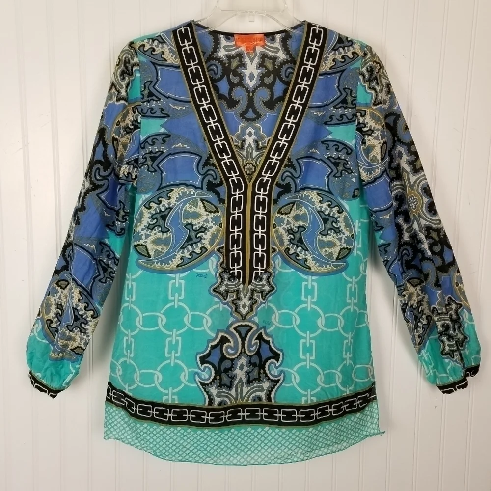 Hale Bob Cabana Silk Cotton Blend Long Sleeve Tunic Top Medium Blue Boho Print